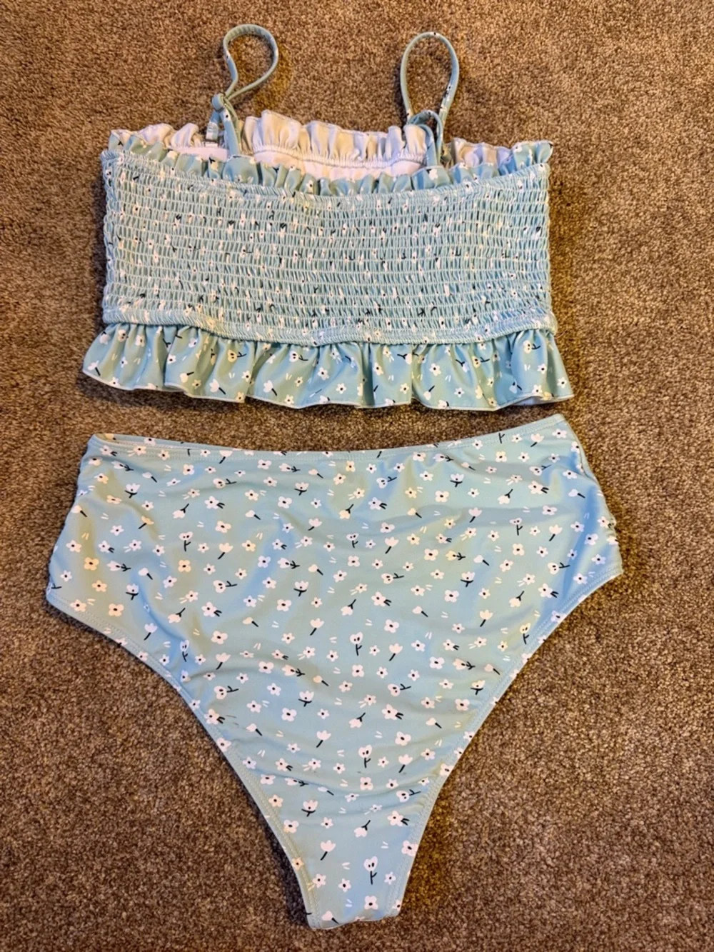 Light Blue Floral Smocked Ruffle Bikini Set